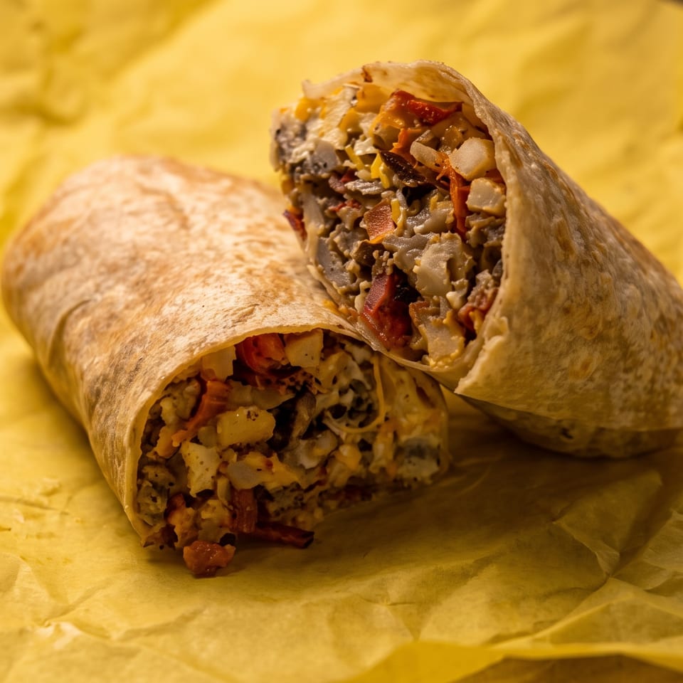 Two halves of a breakfast burrito, filled with eggs, potatoes, and sausage, on yellow paper.
