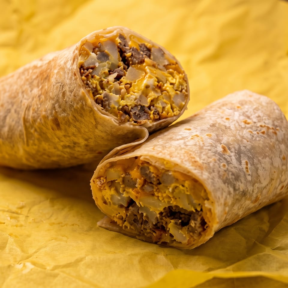 Two breakfast burritos, cut in half, revealing eggs, potatoes, and sausage, on yellow paper.