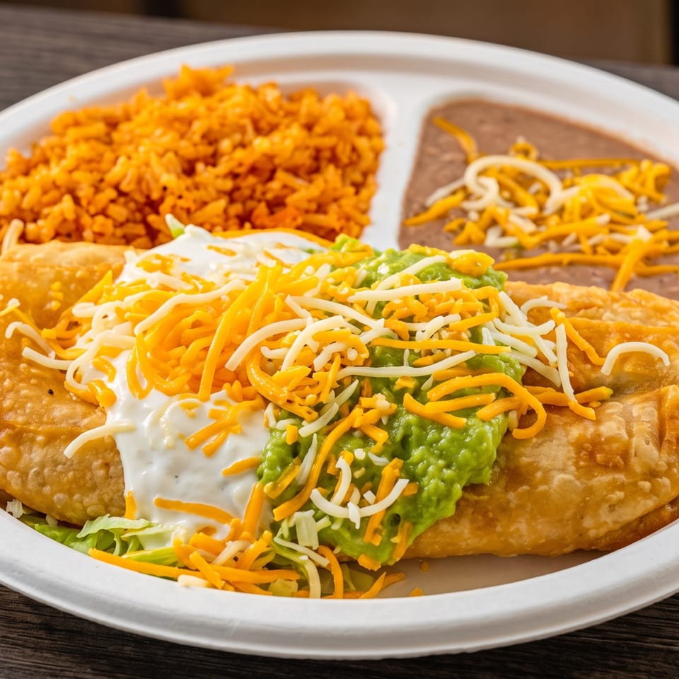 A chimichanga topped with guacamole, sour cream, and shredded cheese, served with rice and beans.