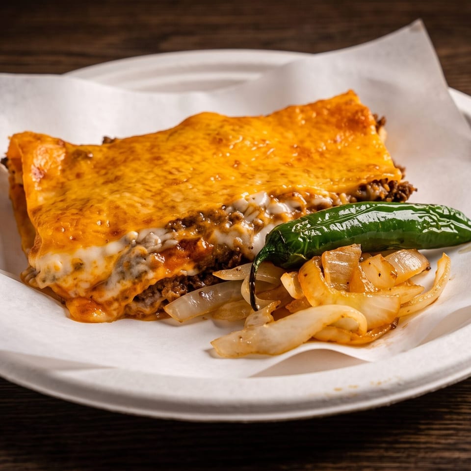 Cheesy beef lasagna with a green pepper and sautéed onions on a white plate.