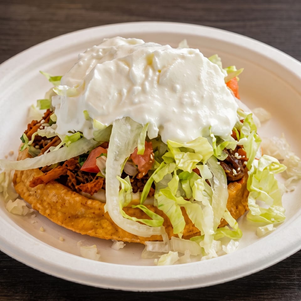 A crispy tostada topped with shredded meat, lettuce, tomatoes, and a generous dollop of sour cream.