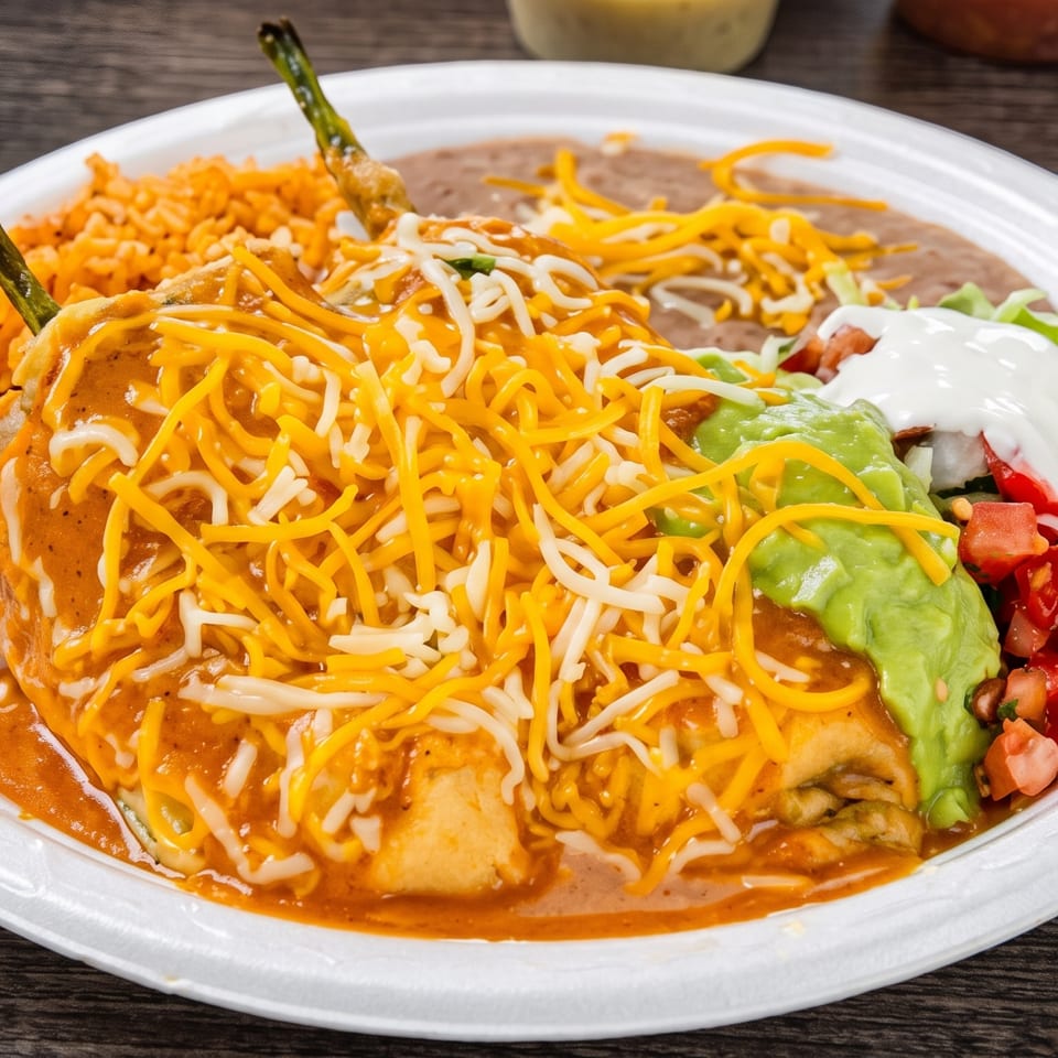 A chile relleno smothered in cheese and sauce, served with rice, beans, guacamole, pico de gallo, and sour cream.
