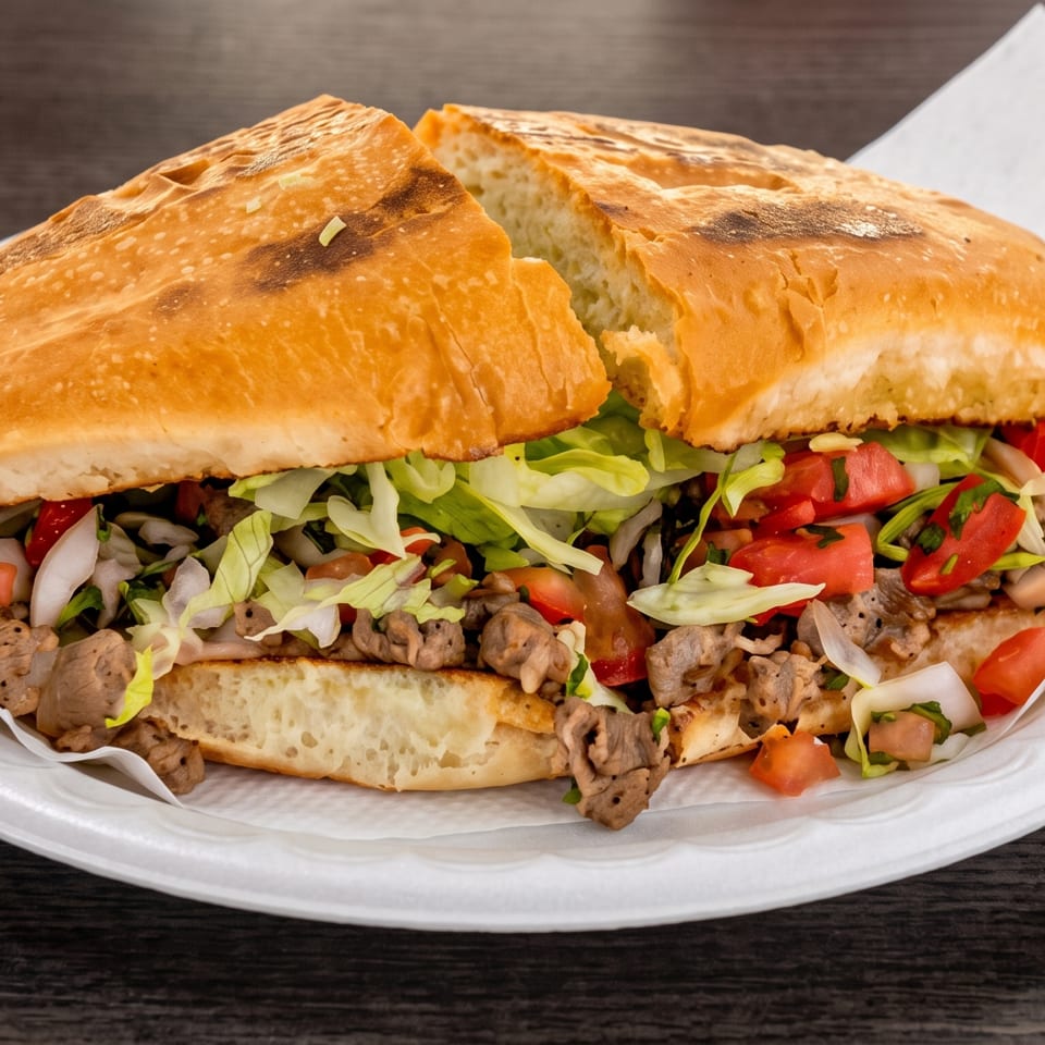 A large, sliced sandwich filled with meat, lettuce, tomatoes, and onions on a white plate.