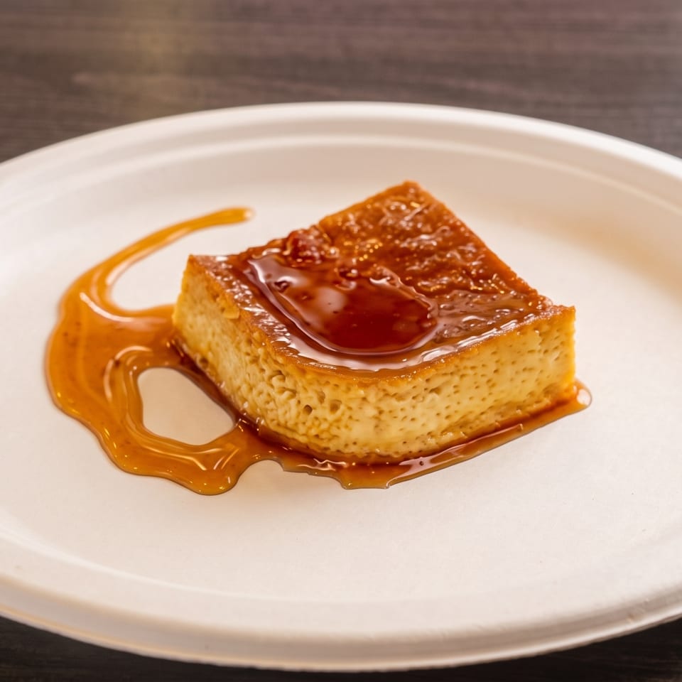 A square slice of flan with caramel sauce on a white plate, on a dark wooden table.