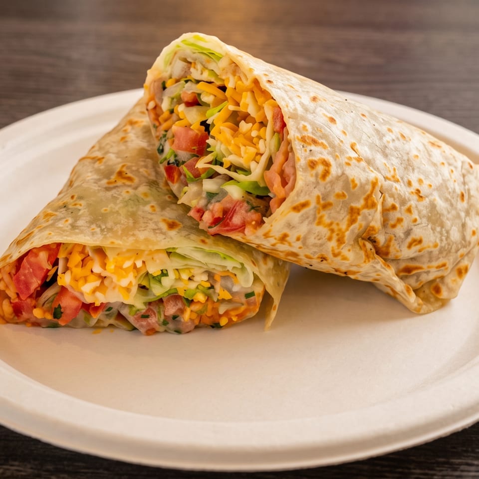 Two halves of a large burrito, filled with lettuce, cheese, and tomatoes, on a white plate.