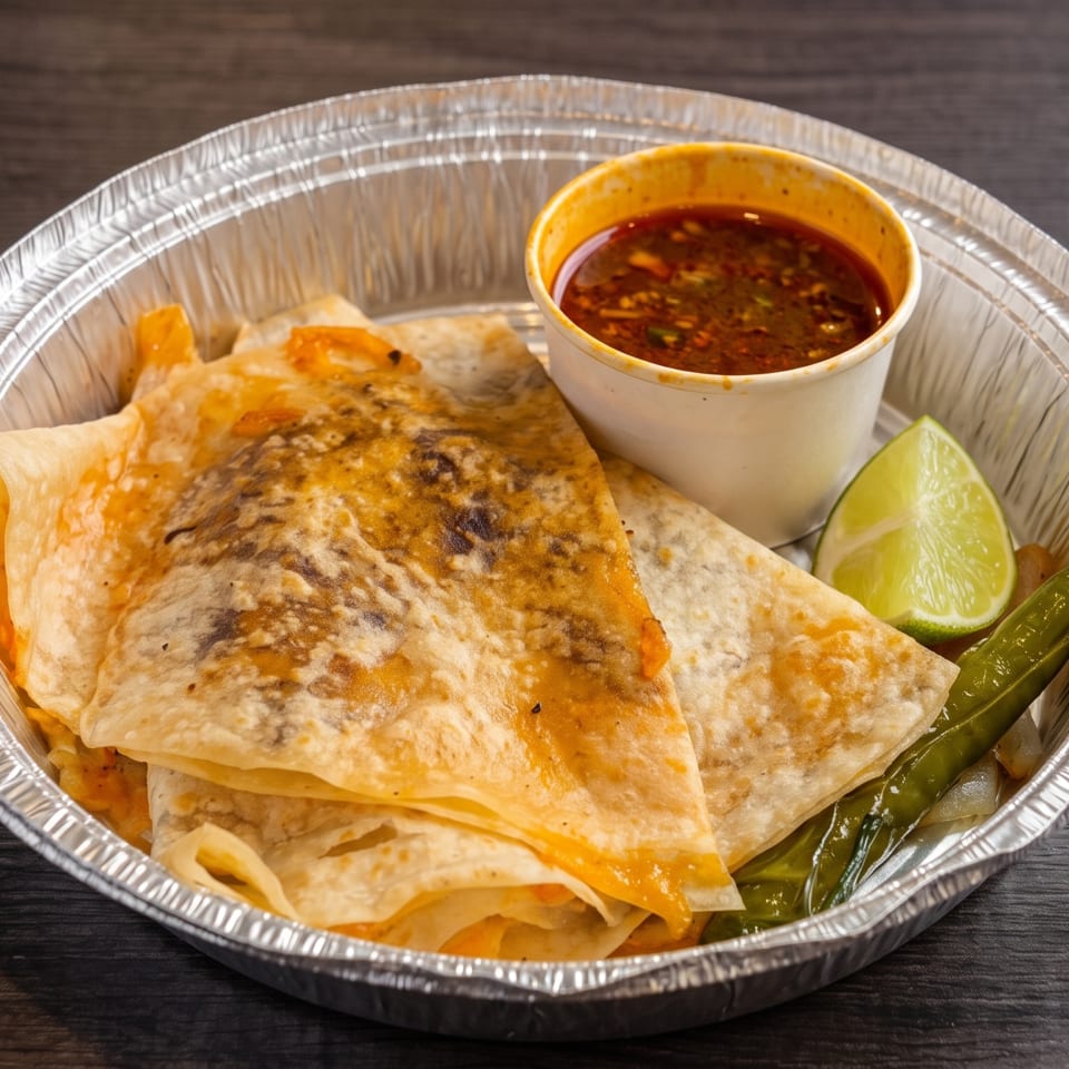 Quesadillas with a side of red sauce, lime, and green chili in a foil container.