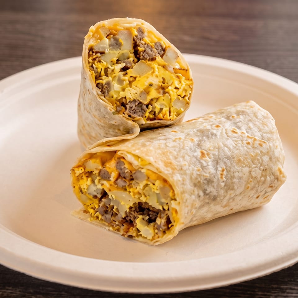 Two breakfast burritos, filled with eggs, potatoes, and sausage, on a white plate.