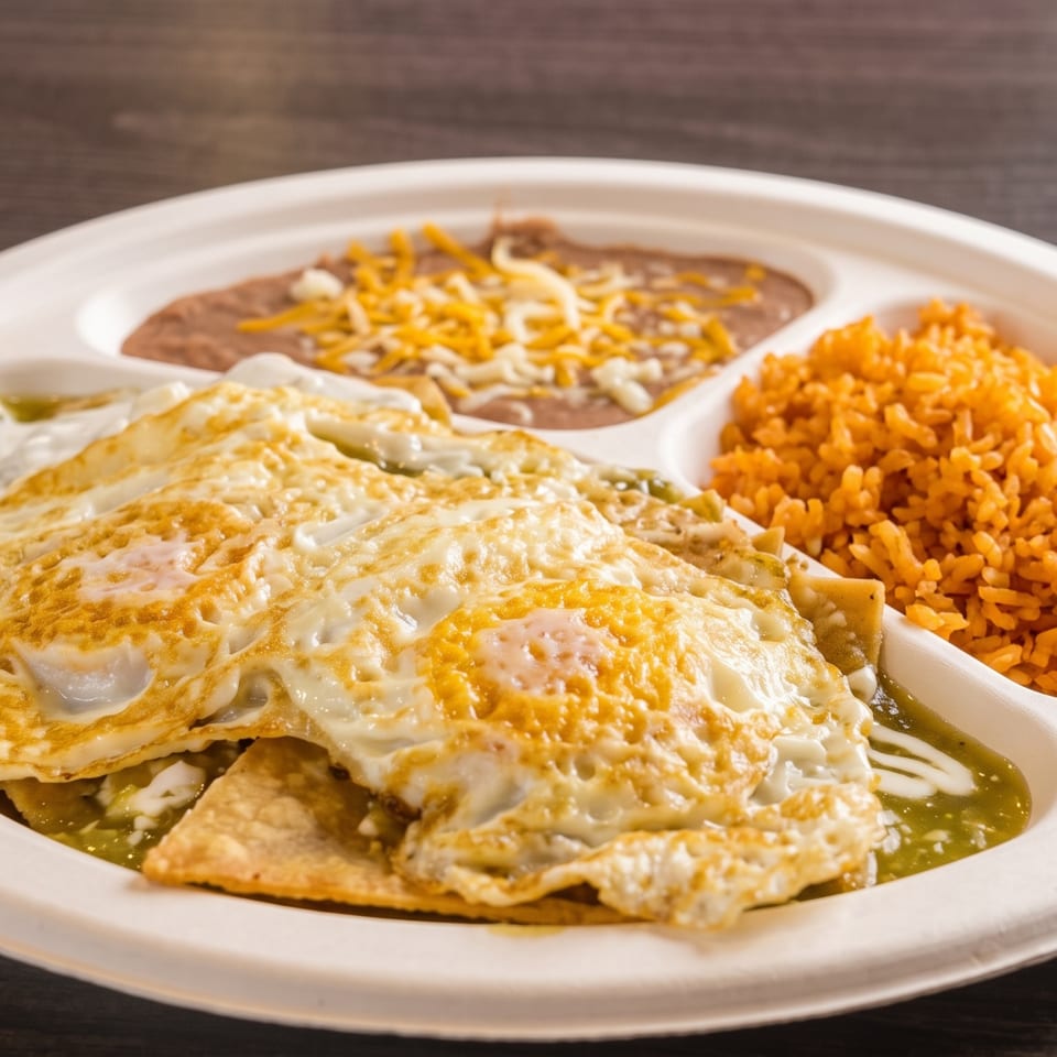 Huevos rancheros with green sauce, rice, and refried beans with cheese on a divided plate.