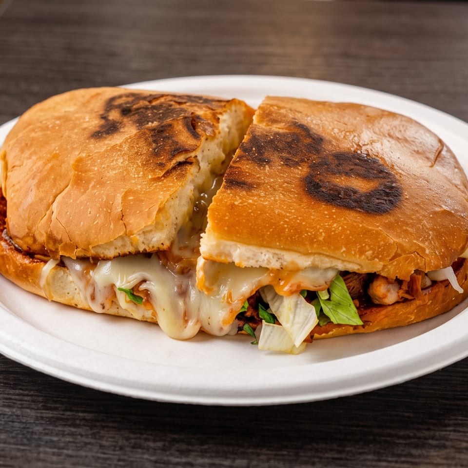 A large, toasted sandwich cut in half, revealing melted cheese, meat, and vegetables.