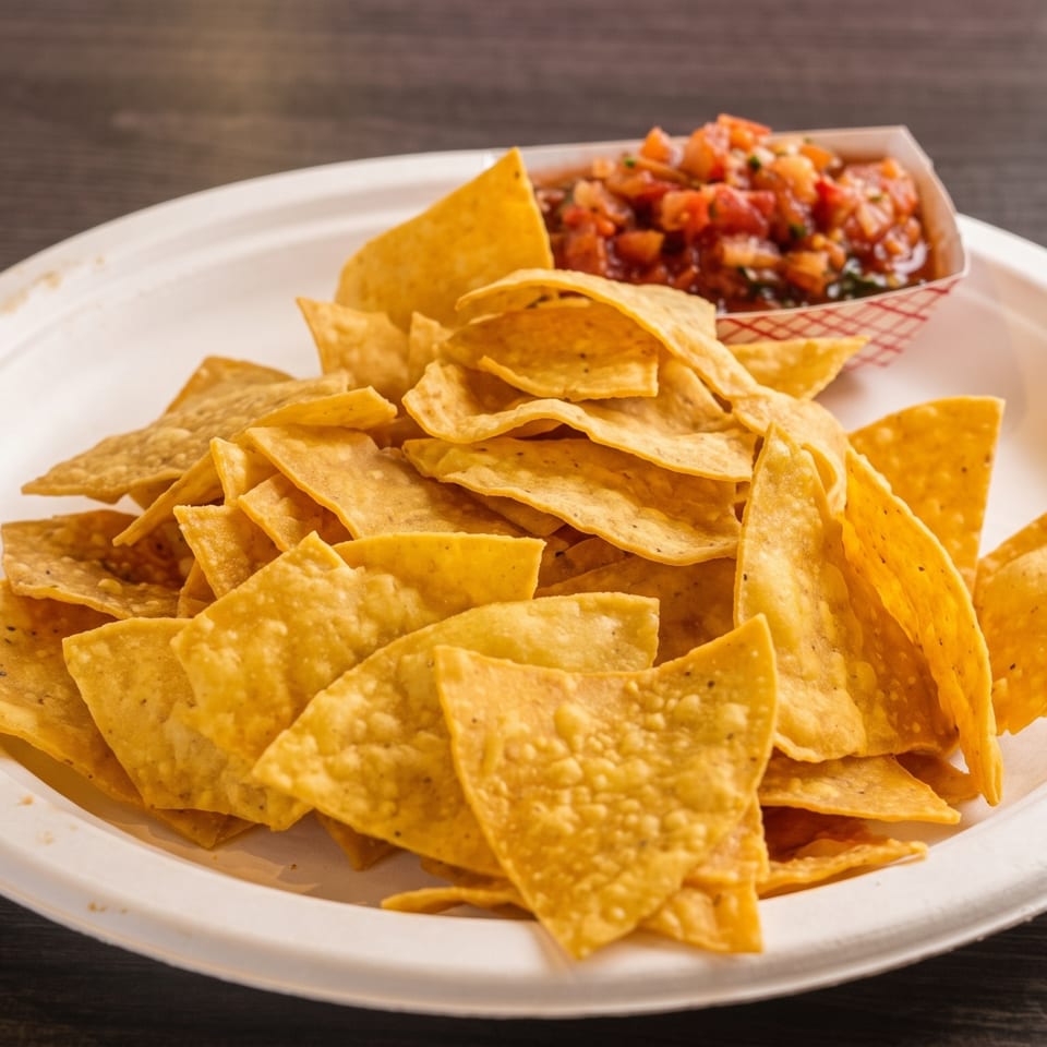 A white plate filled with golden tortilla chips and a side of fresh salsa.